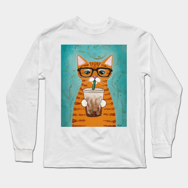 Ginger Tabby With Iced Coffee Long Sleeve T-Shirt by KilkennyCat Art